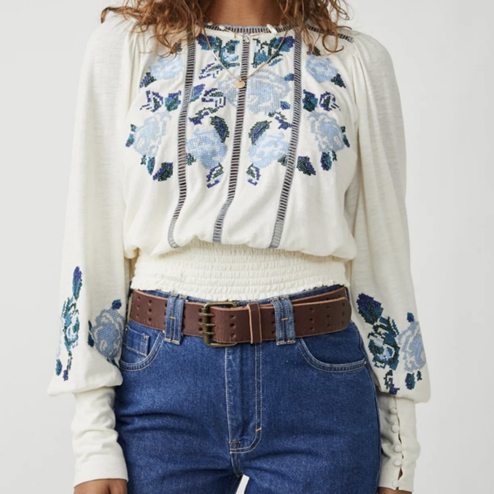 Free People Felicity Embroidered Floral Top Diamond Combo Women's Size Small